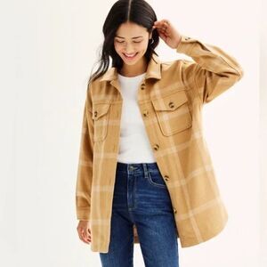 Sonoma Goods For Life Plaid Shirt Jacket Shacket Tan Button Front Women’s